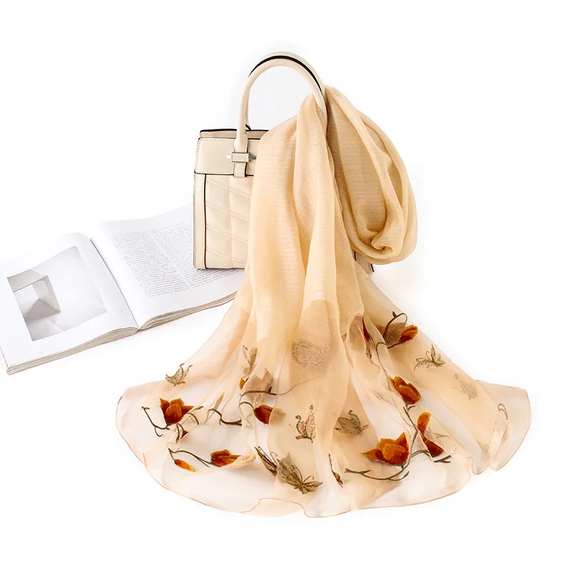 Elegant women hand embroidered silk and wool scarf with low MOQ and price