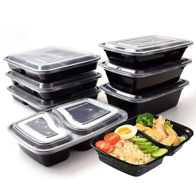 Leakproof 3 Compartment Disposable Food To Go Box Green Plastic Packaging Container With Lids For Food
