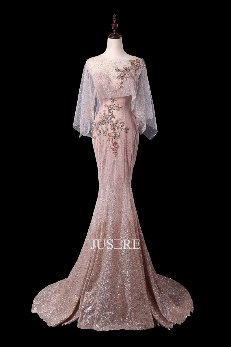 Stunning Mermaid Evening Dresses Handmade Beads Appliques Sparkle Sleeves Lace Up Prom Gowns