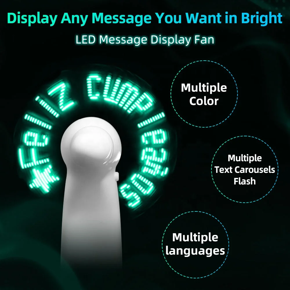 Fan With LED Light 7 Programmable Message Led Handheld Fan With Light Small Table Rechargeable LED Message Fan