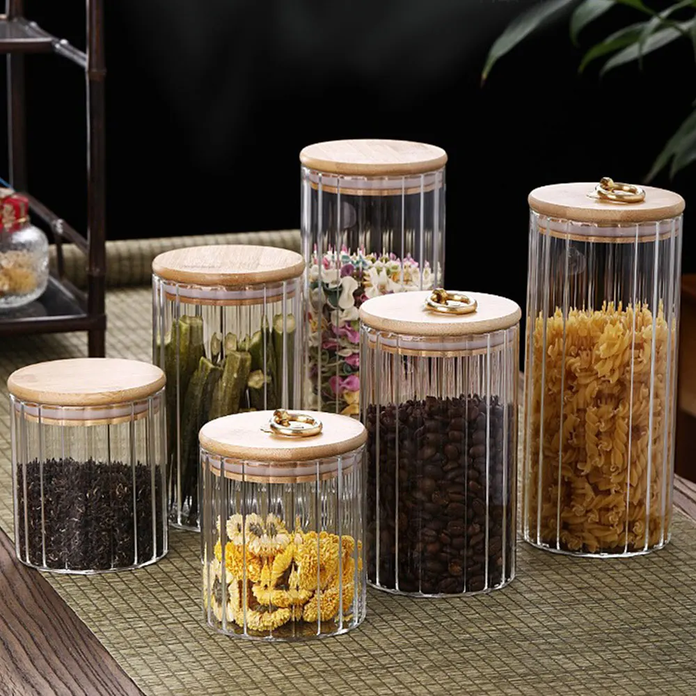 Vertical Grain High Borosilicate Glass Storage Jar with Bamboo Lid and Copper Ring Handle Glass Container Jar