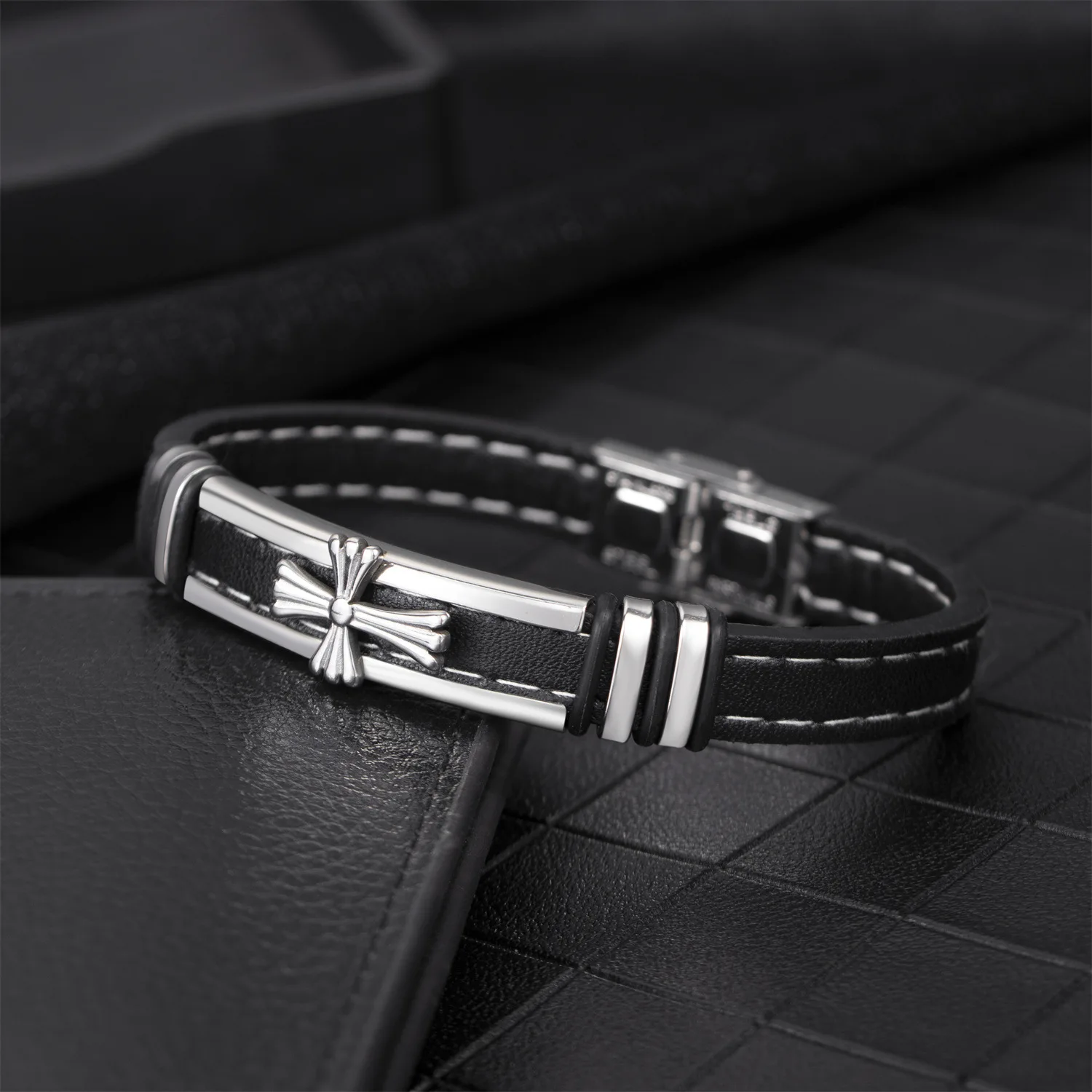 MLB028 Leather Cross Bracelet for Men Christian Religious Confirmation Gifts with Stainless Steel Clasp Black Color Bangle