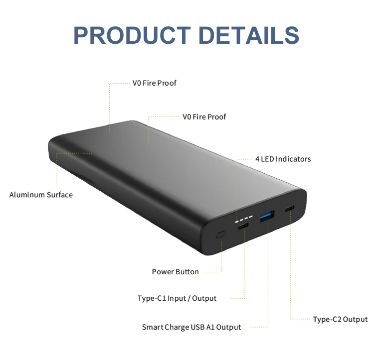Factory Wholesale Fast Charging Mobile Cheap Portable Smart Power Bank With Usb Type-c Cables Divided