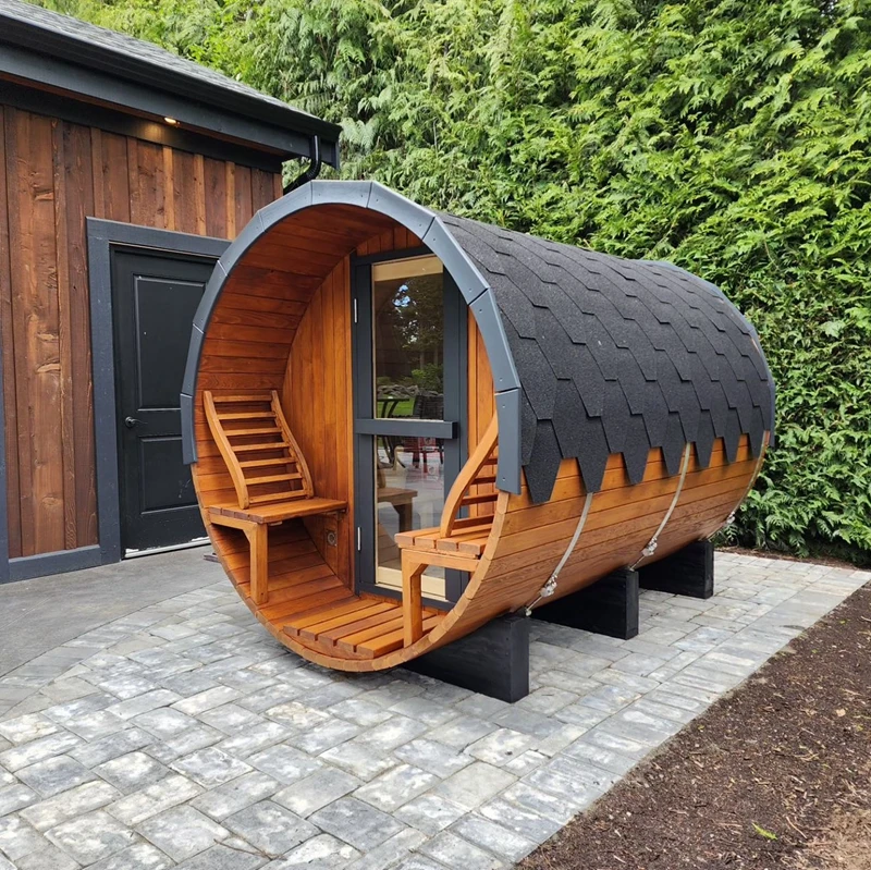 Wholesale price custom 6 person outdoor barrel sauna red cedar wooden barrel sauna room with Harvia stove
