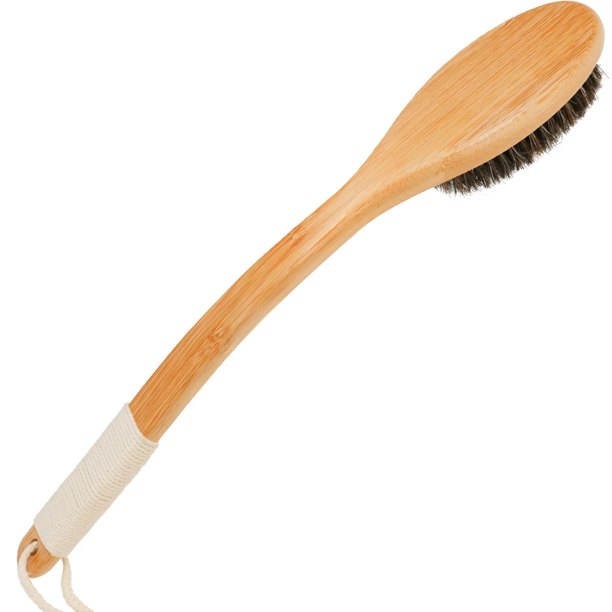 Wholesale Long bamboo curved handle horse hair raw bristle bath brush
