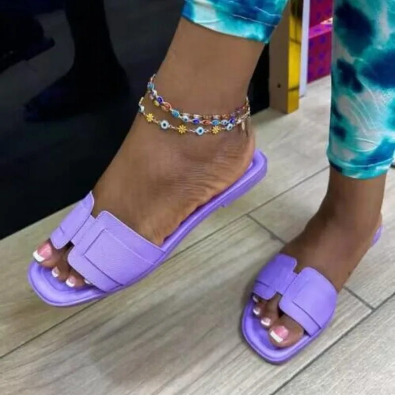 Fashion candy color leather flat slippers for women sandals wholesale sipper manufacturer casual slides shoes flip-flops outdoor