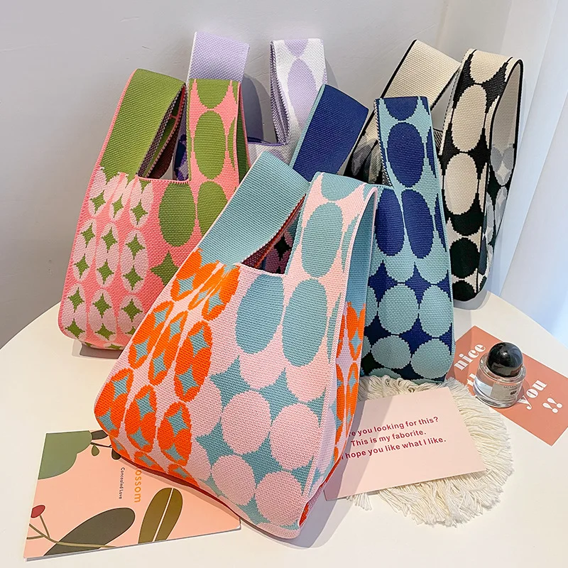 Europe Popular Candy Color Geometric Pattern Knitted Handbags For Girls Shopping Tote Bag Fashion Checkered  Knitting Tote Bags