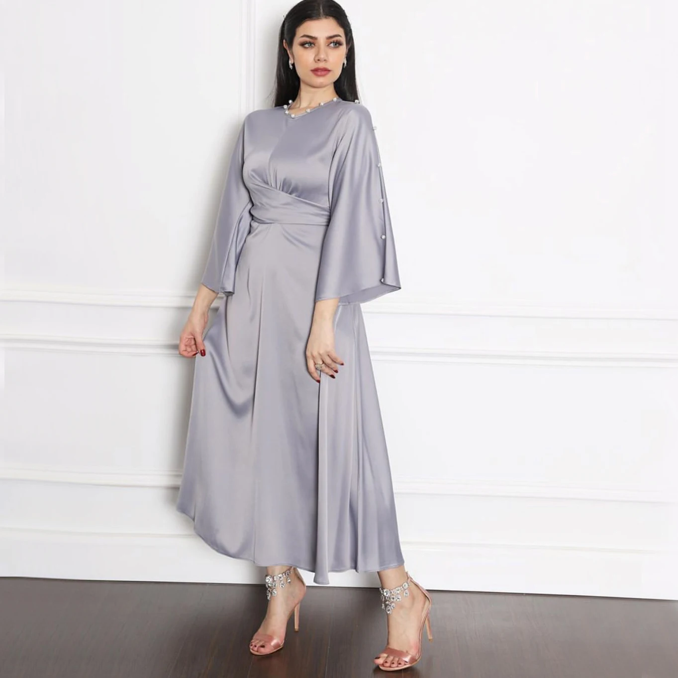 Latest Wholesale Dubai Fancy Elegant Mariage Islamic Evening Party Wedding Dresses Umbrella Muslim Women Dress Satin Abaya