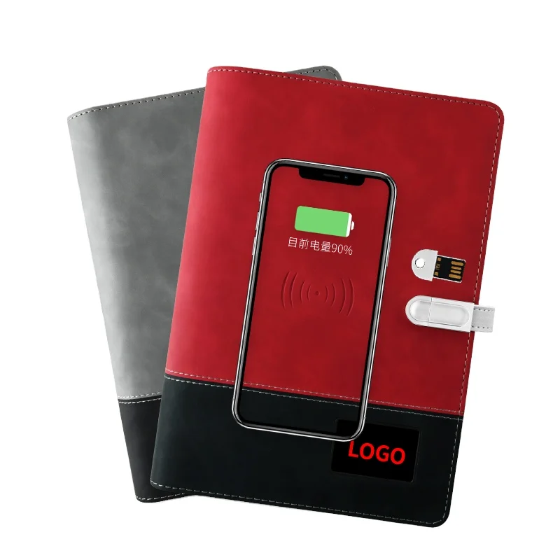 Custom LED Logo A5 Loose Leaf Pu Leather Splice Hard Cover 6 Binder Diary Powerbank Notebook With 10000mAh for Apple and Android