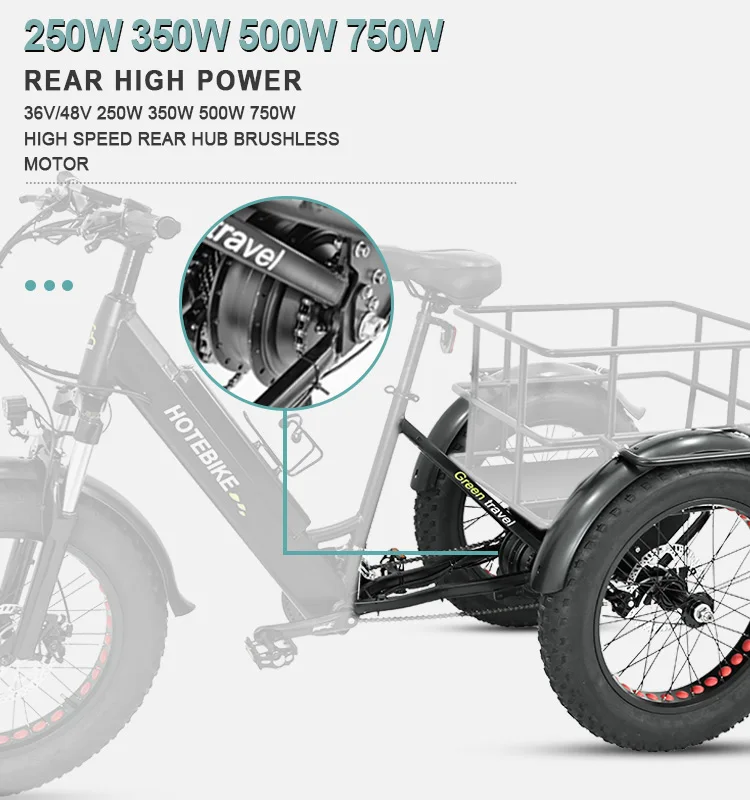 750W 500W Lithium Battery Ebike 20*4 Inch Fat Tire Three Wheel Electric Tricycle With Rear Basket 3 Wheel Electric Cargo Bike