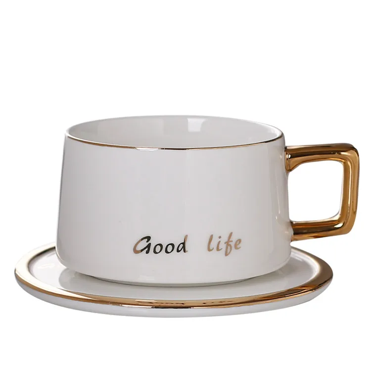 Premium modern drinking cup gold plated gold rim ceramic porcelain black and gold cups for tea