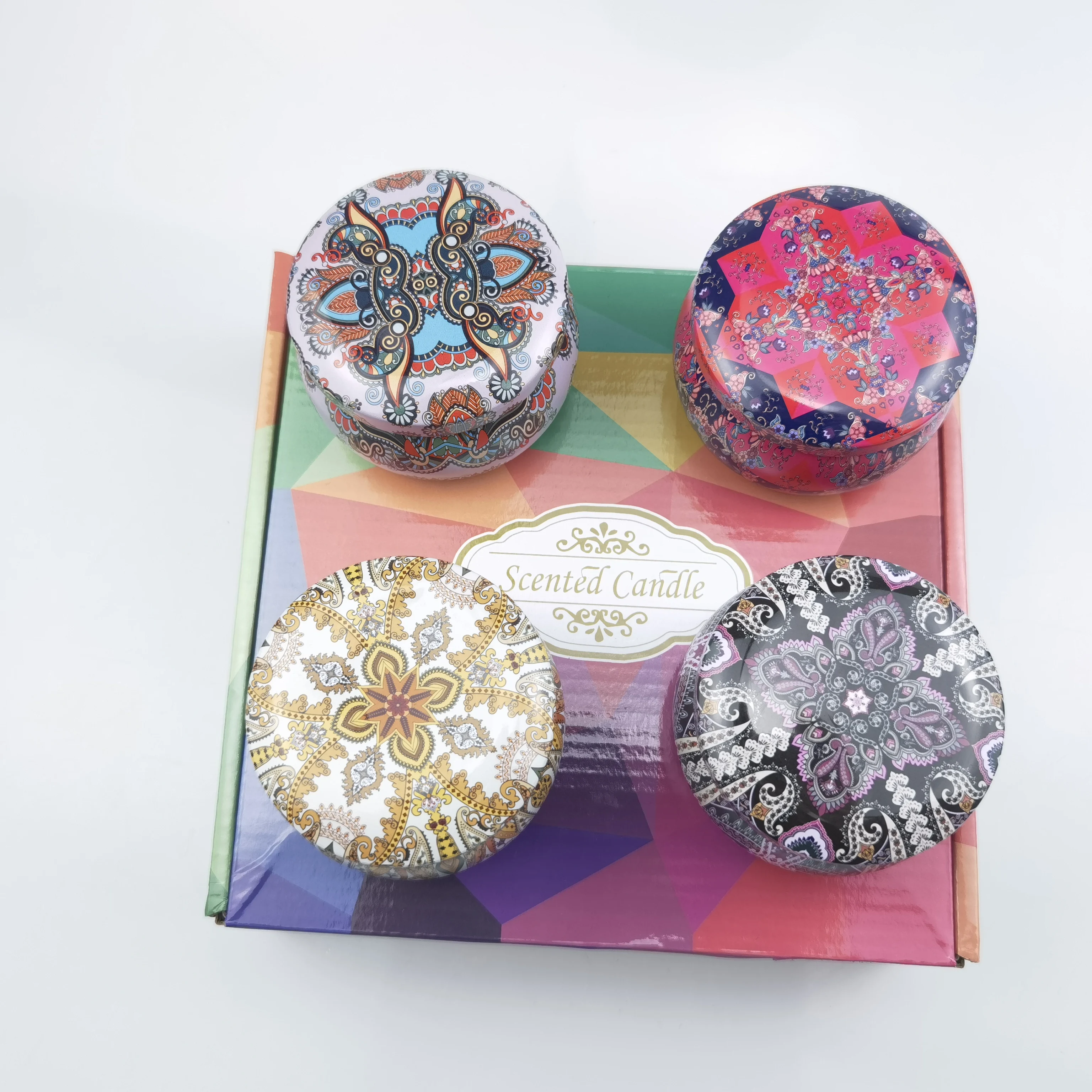 4 color per set gift box 2.2 oz soy wax with petal metal round perfume massage tin mini scented candle cheap