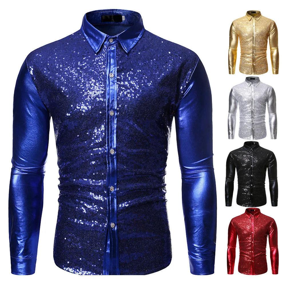 Button Down dress shirts for men sequin Shiny shirt stage performance costume Gold Silver Metallic Sequins Glitter Shirt