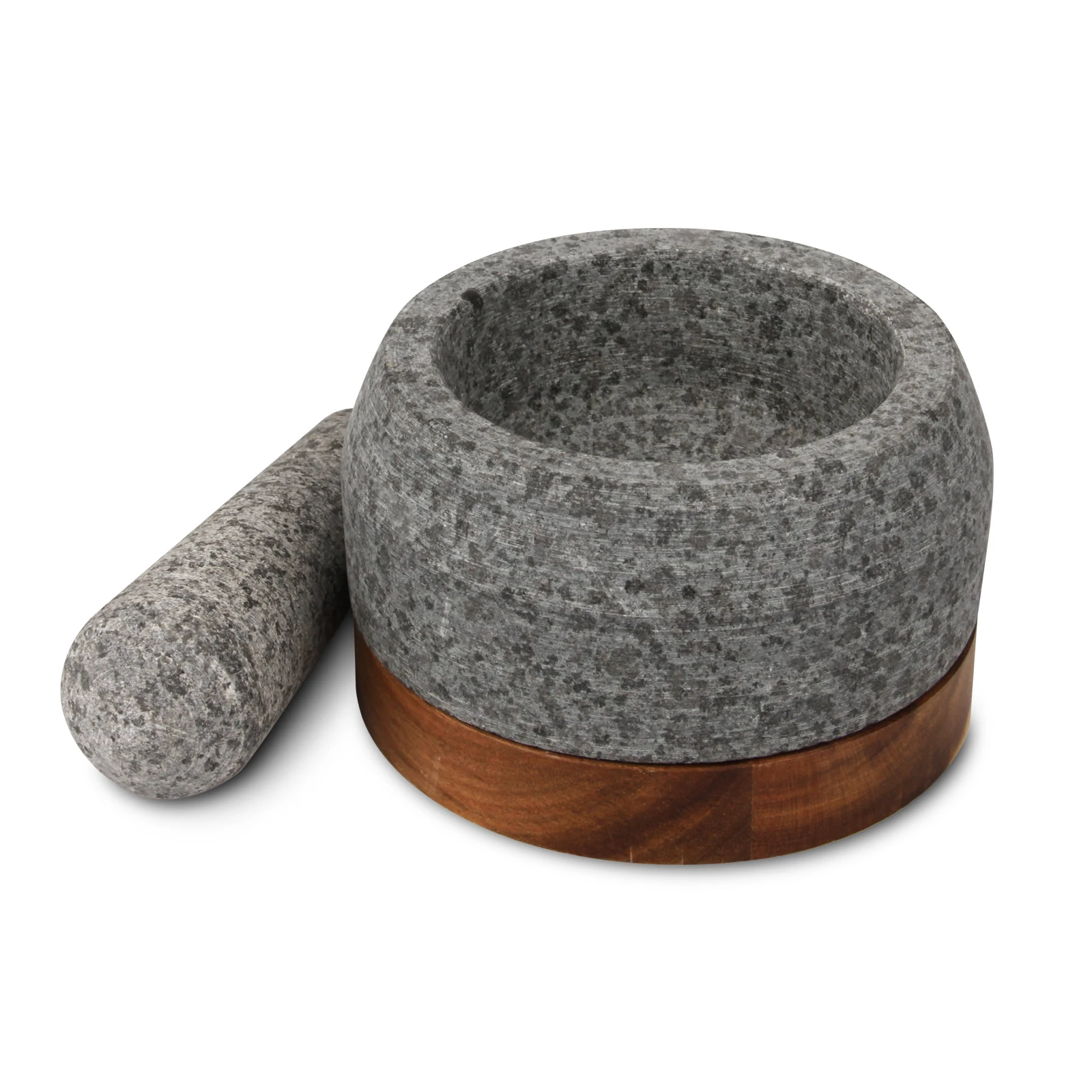 Cheap Wholesale Round White Grinding Herbs Spice Kitchen Natural Stone Granite Mortar and Pestle With Wood Base
