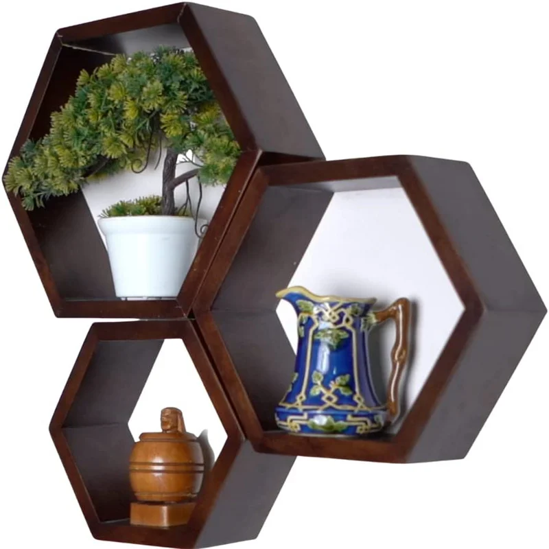 Wooden Hexagon Floating Shelves, Set of 3 Large Wall Mounted Shelf walnut solid wood shelves for Home