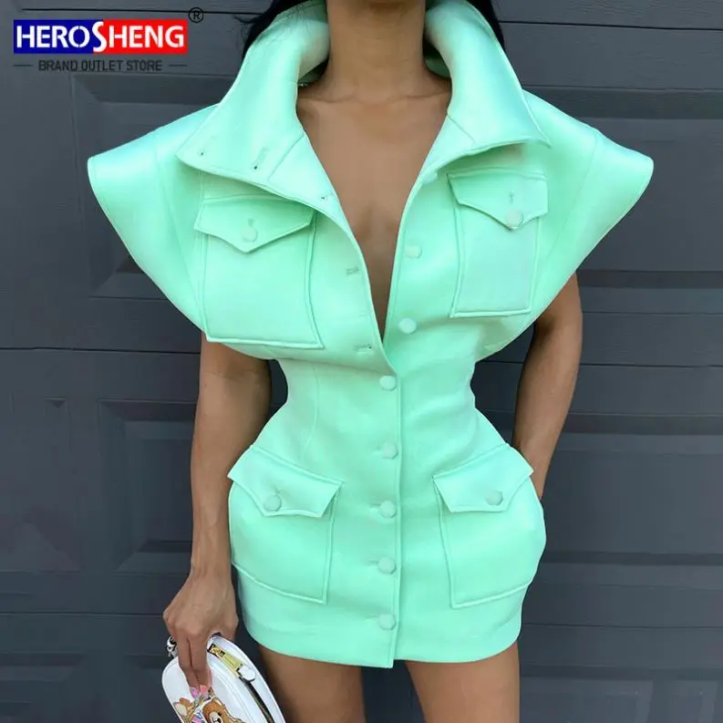 Women Fall Clothes 2021 Stand-up Collar Air Layer Flying Sleeves Dress Button Up Solid Color Women Dresses