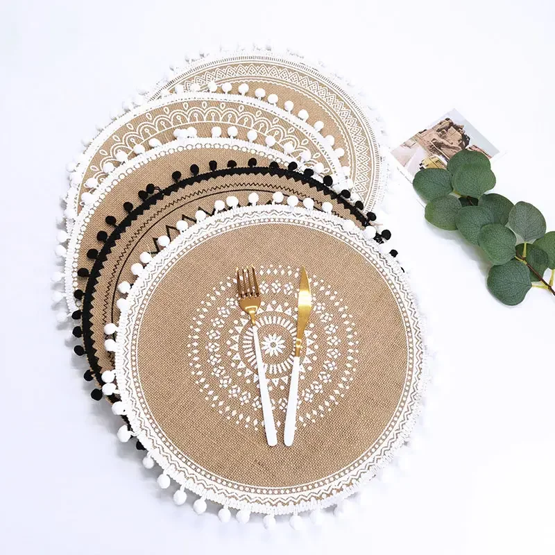 Handmade Jute and cotton Woven Placemats Round Insulation Pads Place Mats Dining Table gift decorative Bohemia coasters