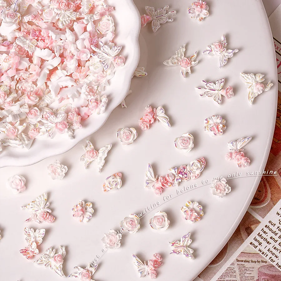Mixed Powder White Aurora Butterfly Nail Accessories Teenage Camellia Flower Glow-in-the-Dark Dreamy Nail Charms