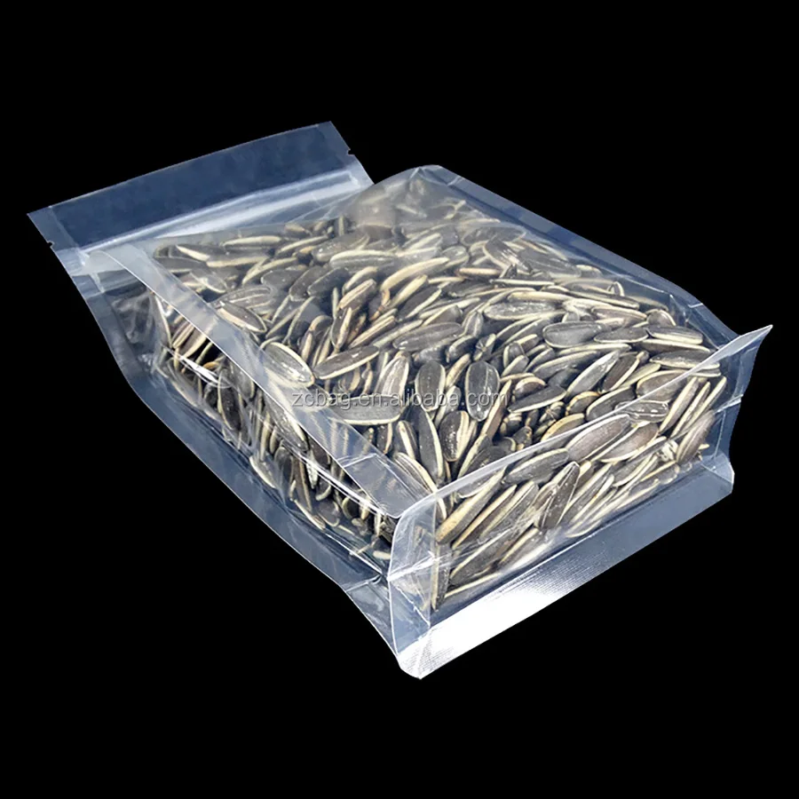 Wholesale Full Clear Transparent Clear Flat Bottom Quad Side Gusseted Customized 100g Coffee Food Grade Pocket Boxpouch Bags