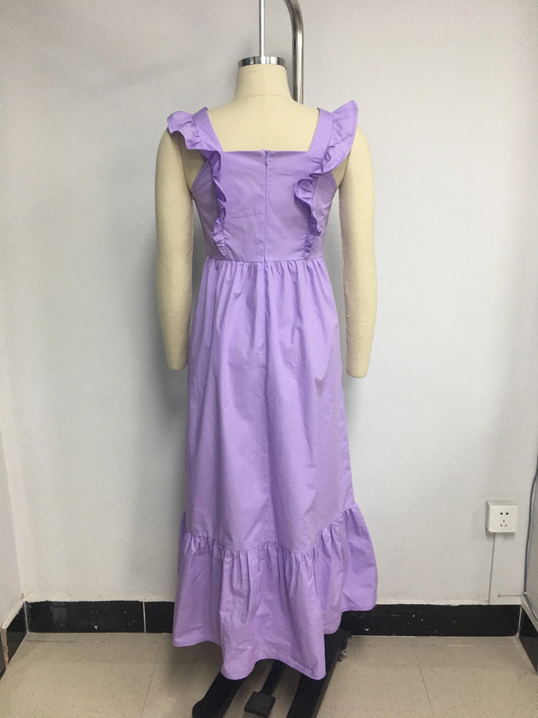 Yunnes Sleeveless with Frill Trim Square Neck Back Concealed Zipper Casual Maxi Dresses