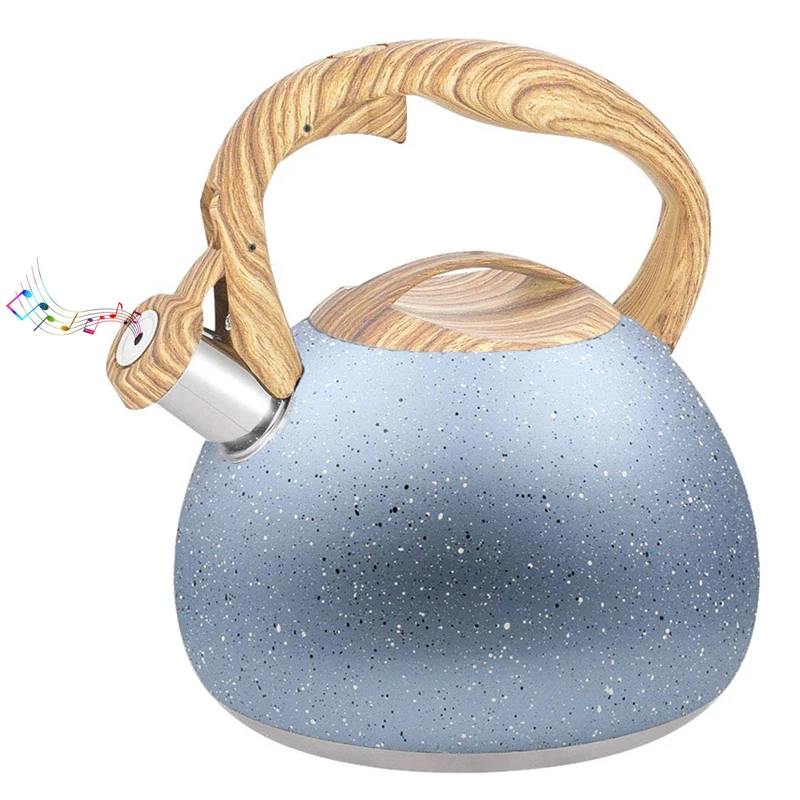 Hotsaling Tea Pot With Wood Pattern Handle and Loud Whistle For Gas or Electric Stovetop Whistling Kettle