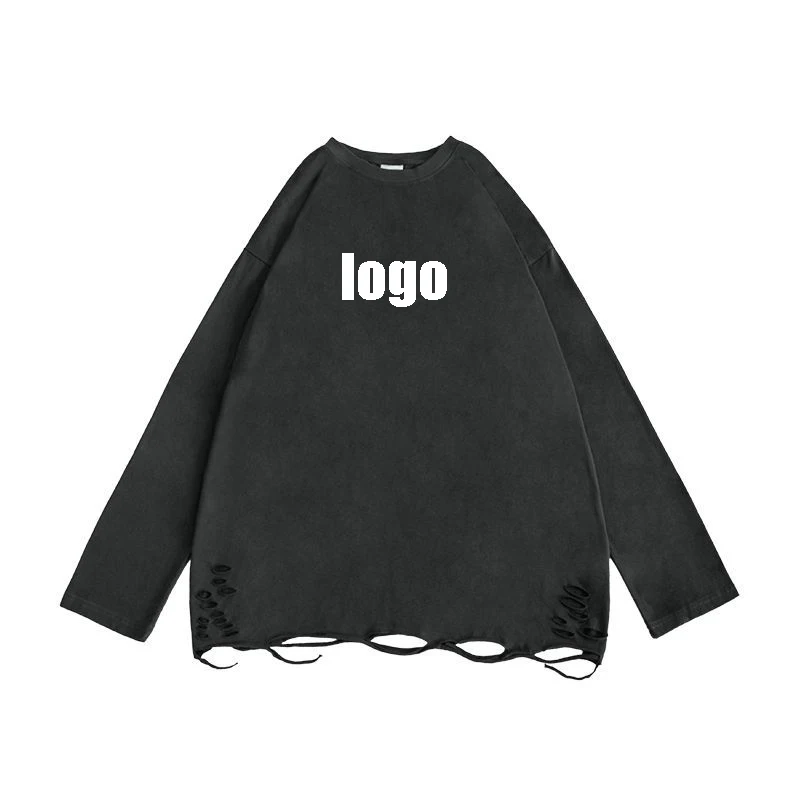 Spring clothing men long sleeve heavyweight 250 grams 100% cotton t shirts OEM logo breathable gray cropped printed t shirts