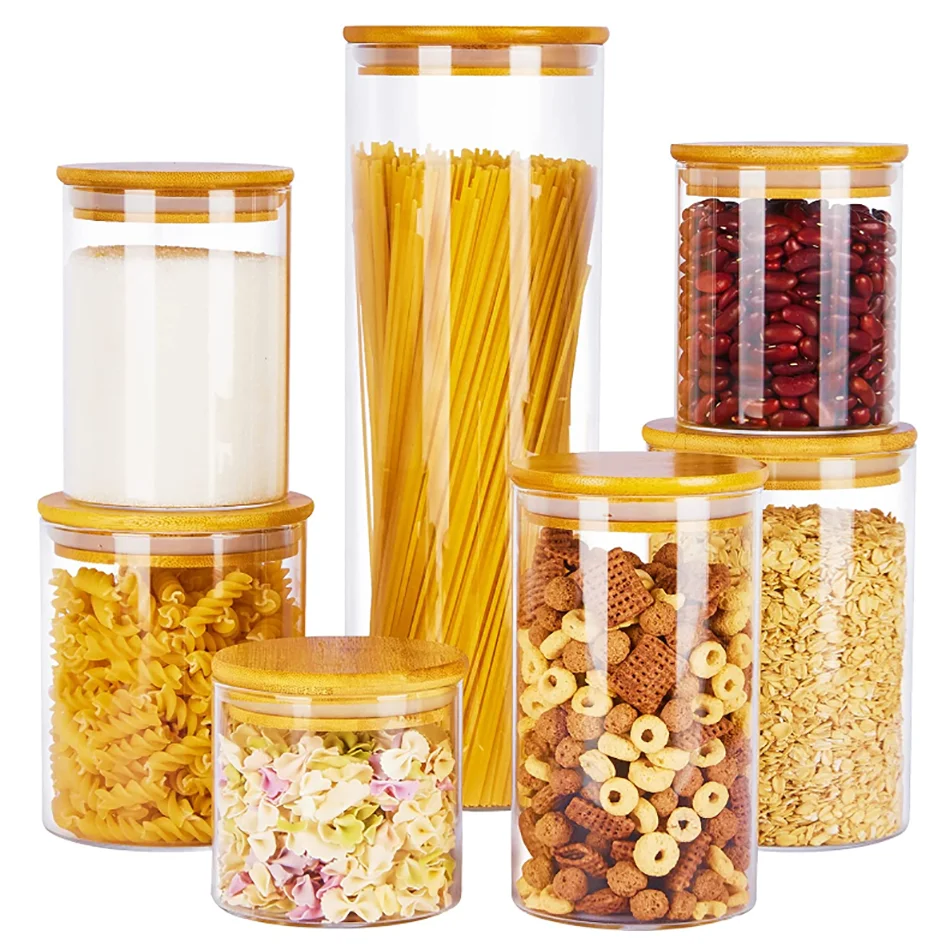 wholesale clear empty high borosilicate heat resistant airtight ripple food spice glass storage jar container with bamboo lid