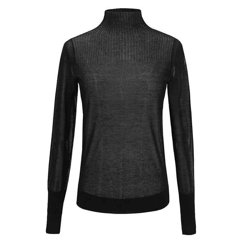 Лидер продаж, облегающая Прозрачная черная футболка с длинным рукавом и воротником-стойкой