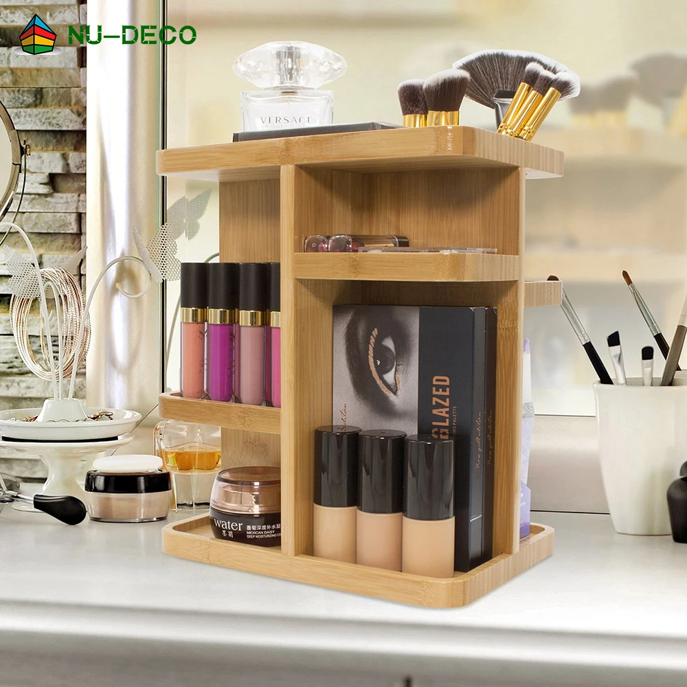 Desktop wood bamboo cosmetic 360 rotating storage makeup organizer