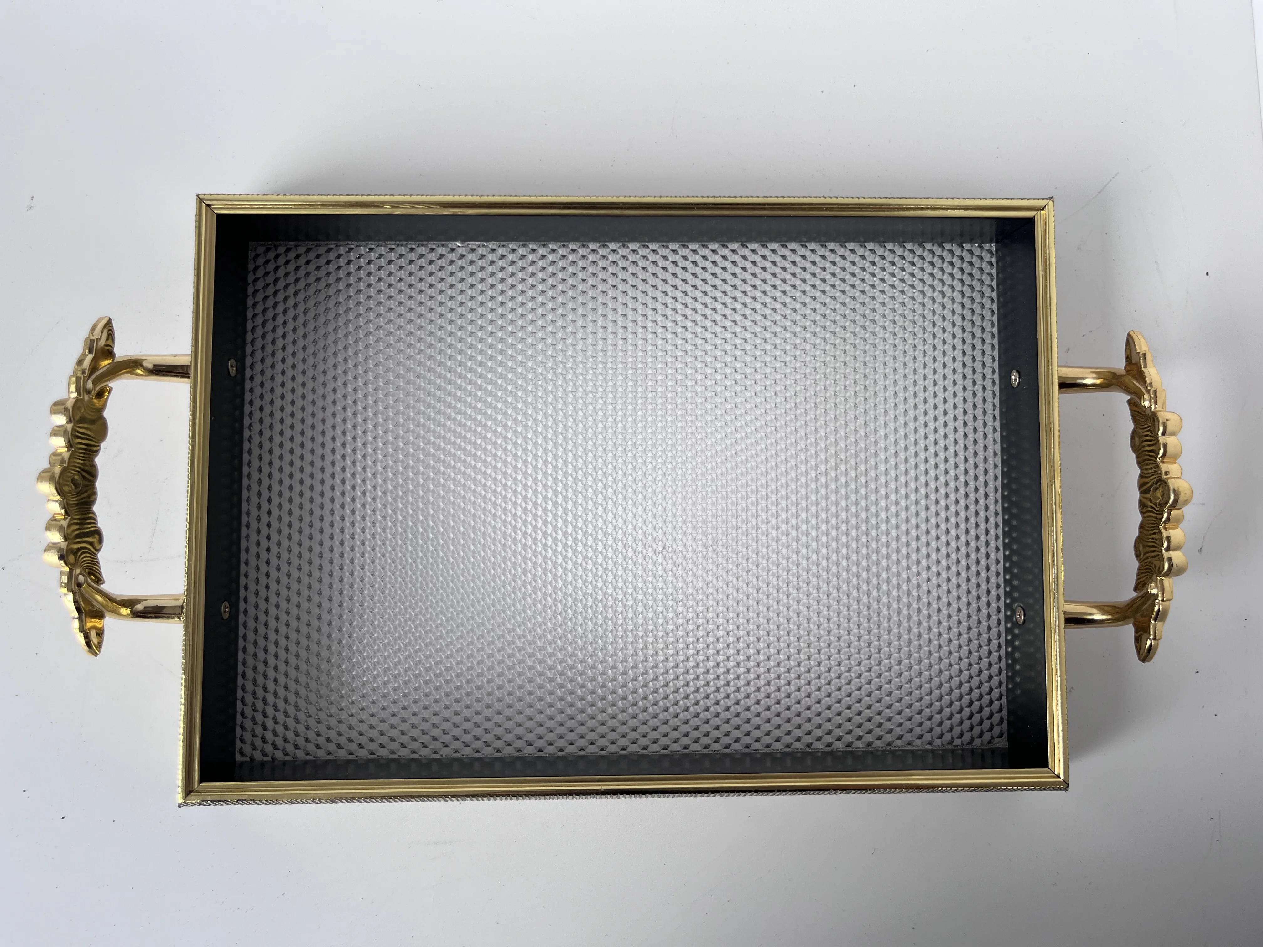 Customized acrylic bottom Black gold line carving decoration Serving Trays with beautiful handle