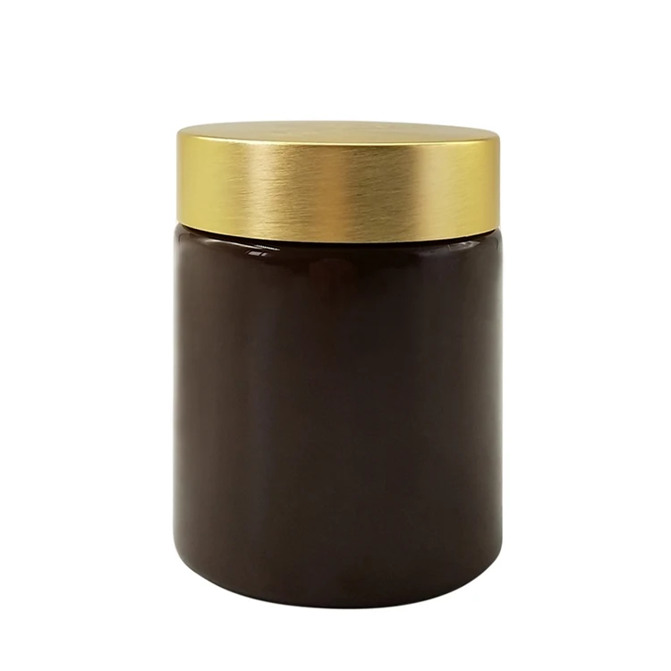 Wholesale Custom Brown pet cosmetic plastic Food Jar With Gold Aluminum Lid