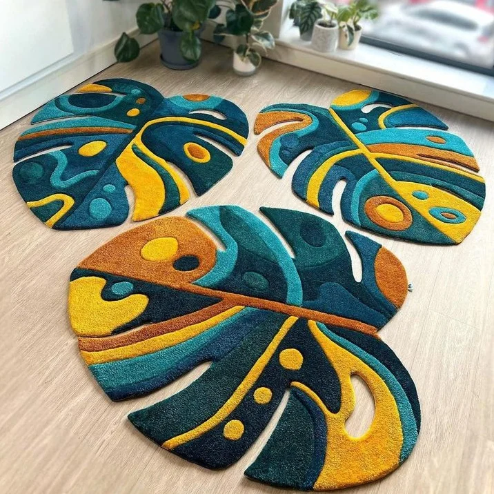 Custom Colorful Green Leaf Shaped Foot Mat Handmade Washable Carpet Fluffy Fur Area Rugs for Living Room