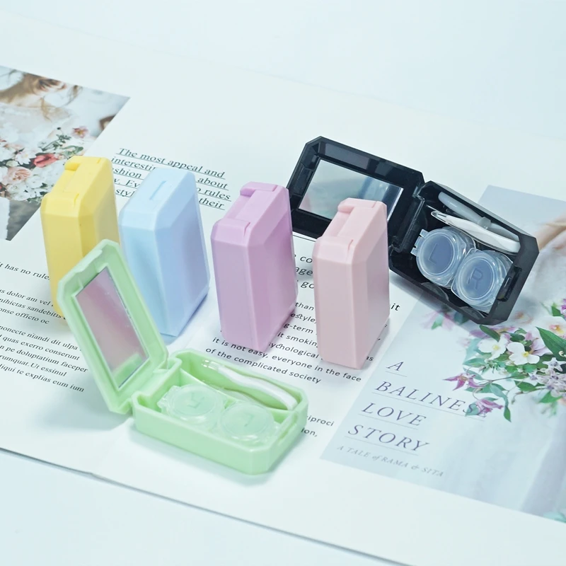 
2020 Multi color contact square lenses case custom contact lens box case Plastic Mini macaroon with mirror carrying 107e 