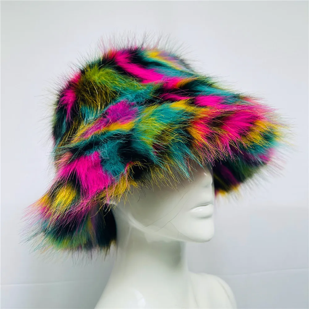 Tie Dye Plush Color Blocking Faux Fur Bucket Hat for Women Fuzzy Party Warm Soft Multi Colors Pattern Fox Fur Winter Hat