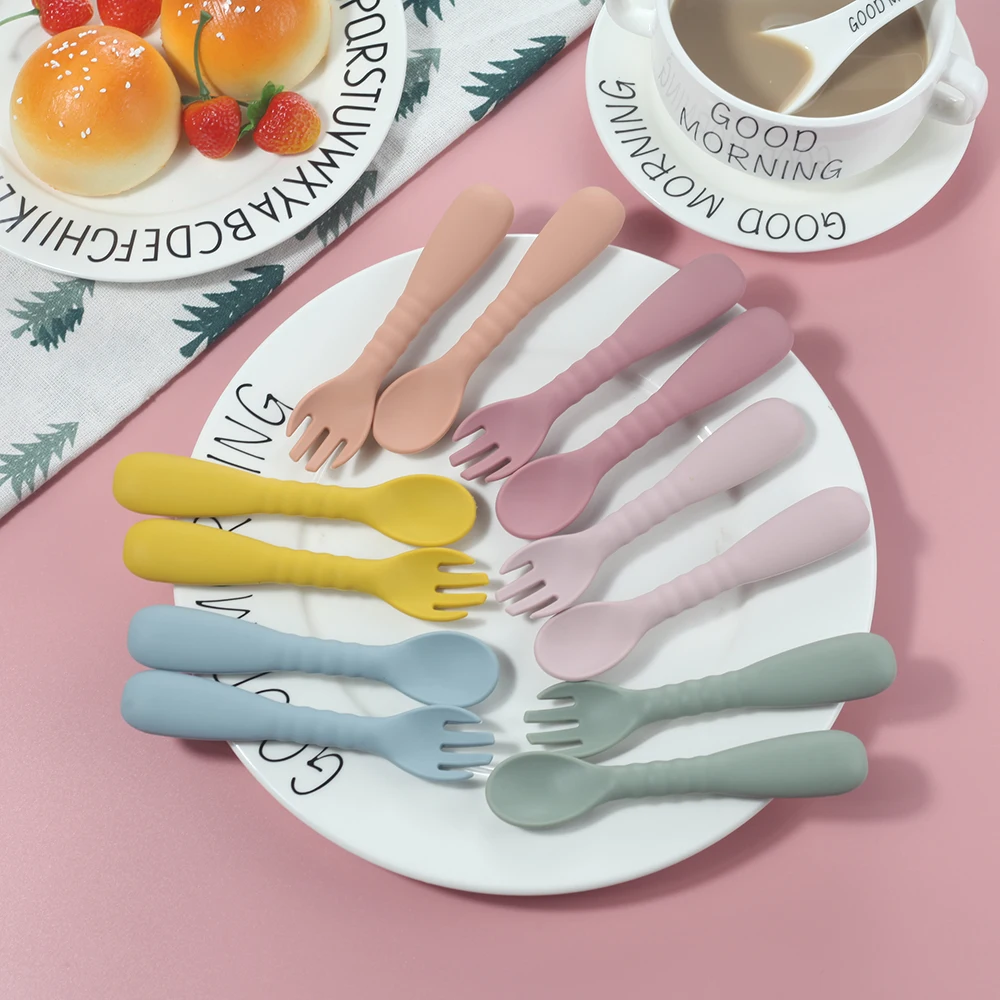 Hot Sale Banana Safety High Quality Baby Feeding Spoon Fork Silicone Baby Spoon Fork Set