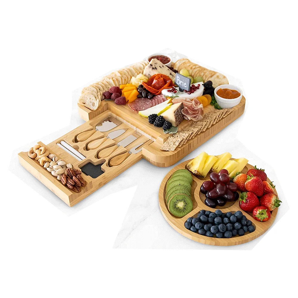 Bamboo Cheese Board Set Magnetic Slide-Out Drawers Charcuterie Plate Set With Ceramic Bowls And Cutlery Knife