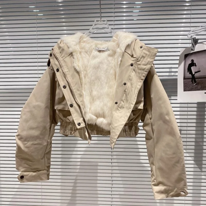 OUDINA Winter Fox Fur Hat Bubble Coat With Hood Short Cropped Jacket Hoodie Womens Fur Coats For Ladies