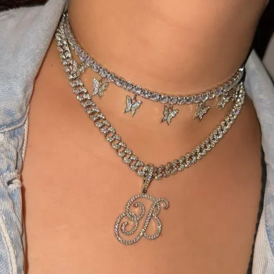 trendy women delicate tennis chain choker necklace silver brilliant shining cubic zirconia diamond butterfly charms necklace