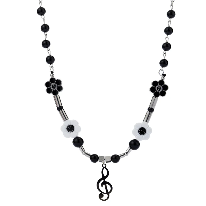 Stainless Beads Music Pendant Pearl Smile Necklace Hiphop Fashion Necklace SS002
