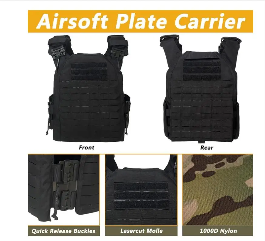Quick Release Button Body Protective Vest Plate Carrier With Fasten Molle System Black Customized Color Outdoor Training Vest