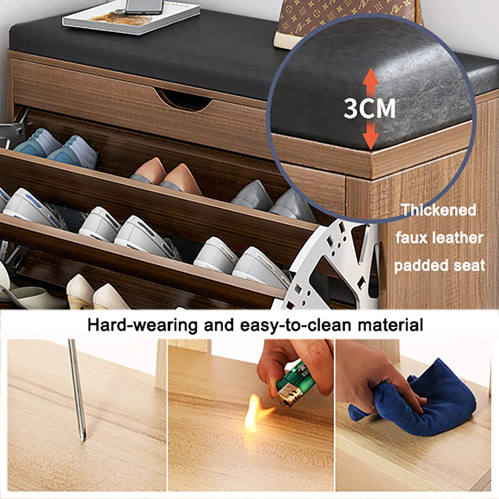 Modern Style 3-Flip-Drawers Wooden Shoe Rack Cabinet High Quality White Shoe Storage Bench for Living Room entry