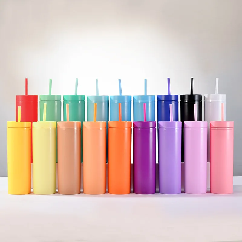 Wholesale Reusable Slim 16oz Plastic Tumbler Cup With Lid And Straw Double Wall Acrylic Skinny Tumbler