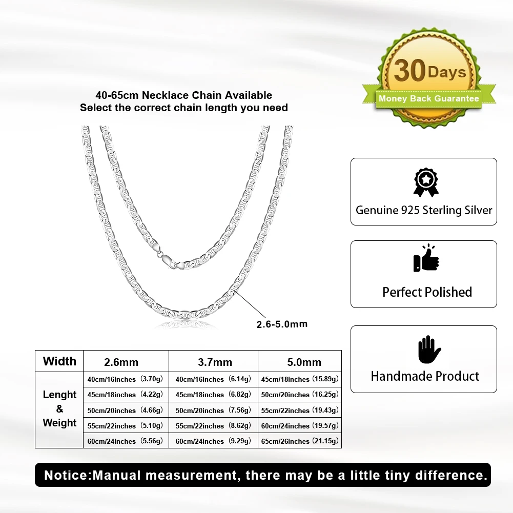 RINNTIN BSC78 Italian Solid 925 Sterling Silver 5.0mm Flat Mariner Chain Necklace for Women Men