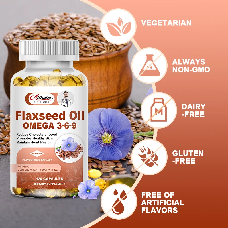 Alliwise OEM 60pcs Flaxseed Oil Softgel Capsules Omega 3 6 9 Fish Oil with Linolenic Aicd Oleic Acid Dietary Supplement
