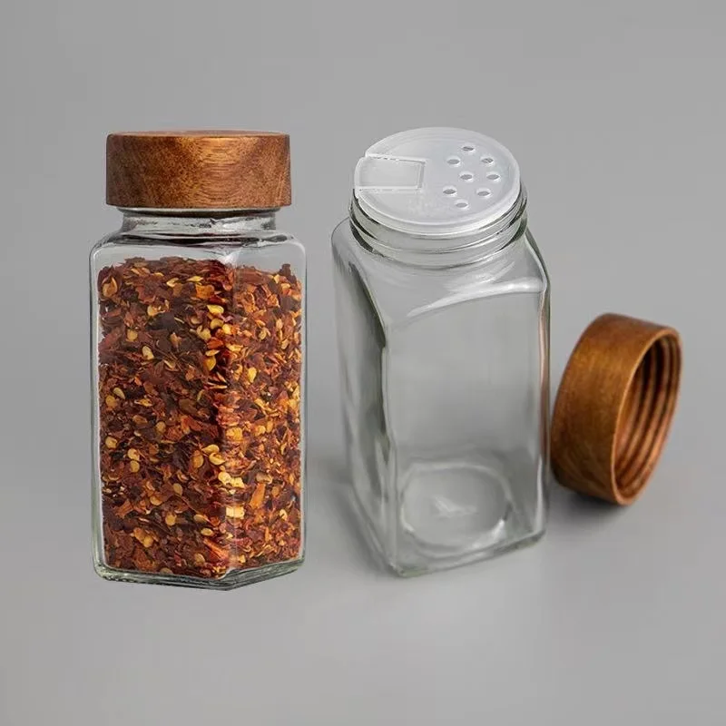square empty clear salt pepper glass spice jar with sift pour shakers