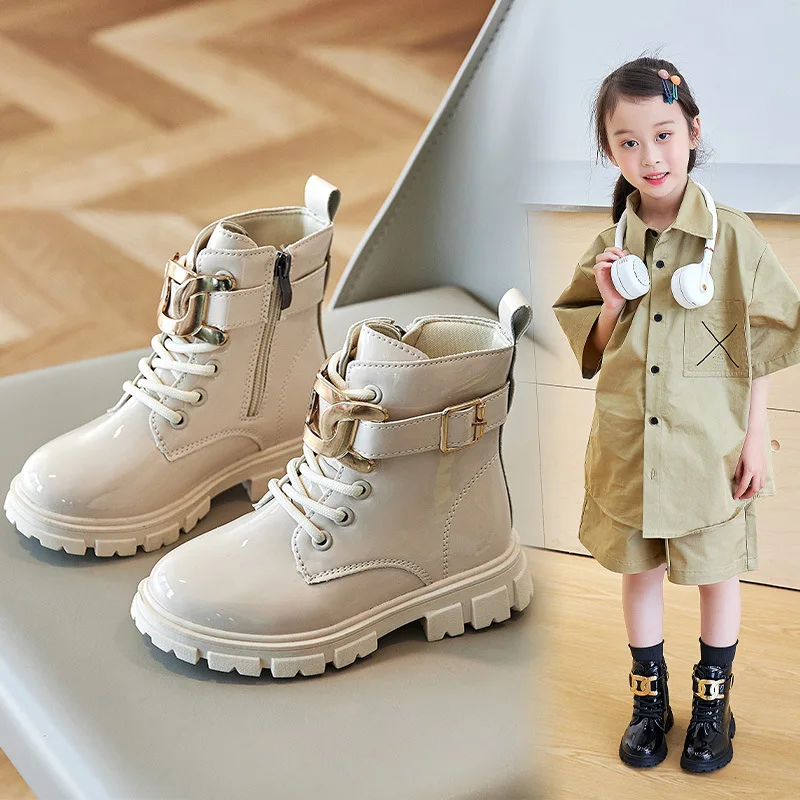 2023 Spring Autumn Kids Shoes PU Sweet Princess Teenagers Girls Flat Martin Boots