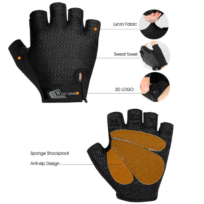 WEST BIKING Wholesale Dirt Bike Motorcycle Fingerless Training Fitness Anti Vibration Cycling Gloves Gym Unisex