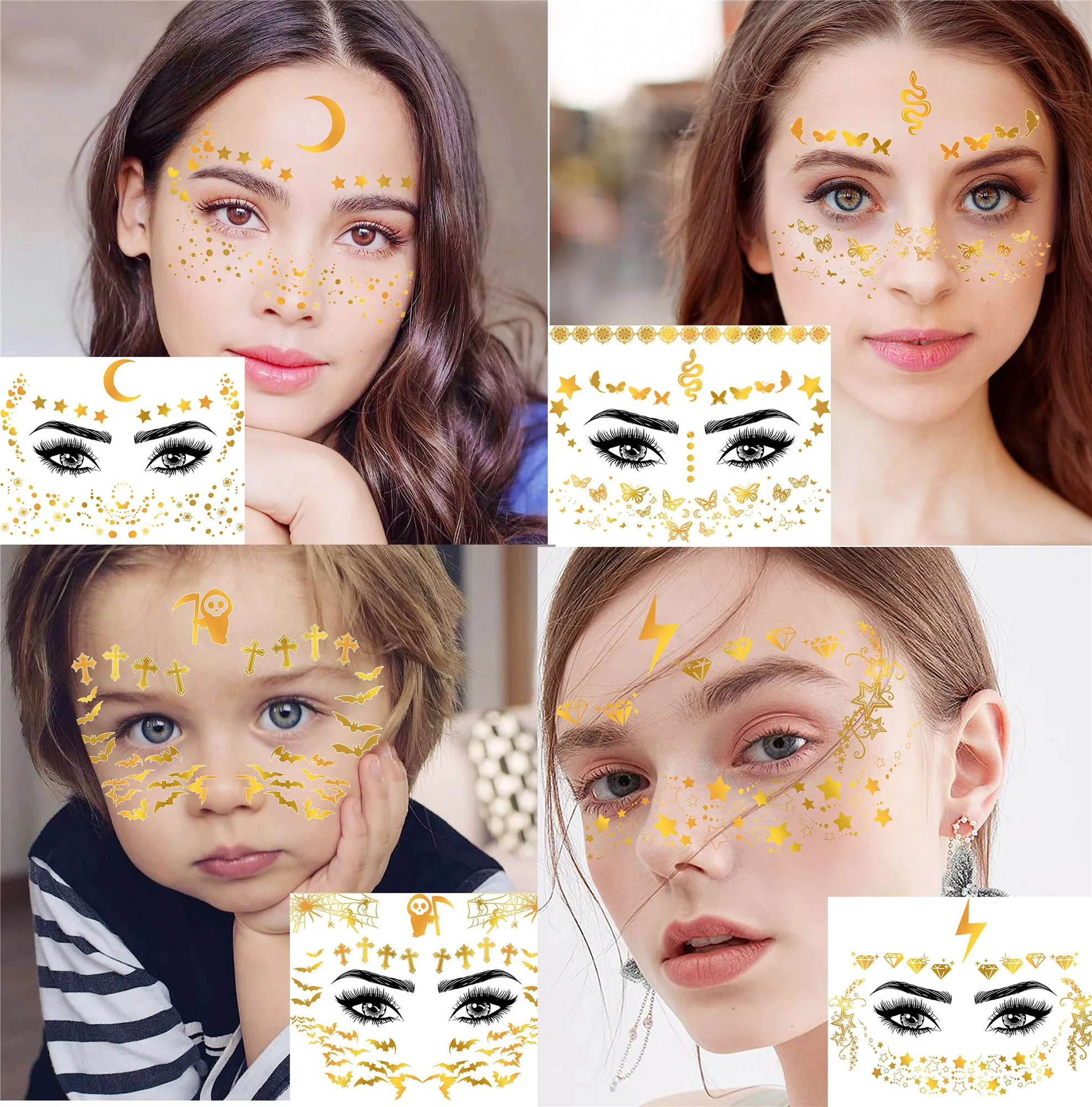 Face Tattoo Sticker Metallic Temporary Gold Halloween Makeup Dancer Costume Parties Waterproof Face Metallic Tattoo Sticker