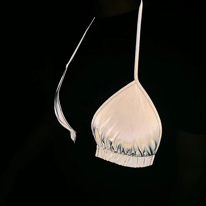 
2021 New Summer Hot Sale Reflective Slim Clothing With Buckles Waterproof Ultra Short Halter Tops For Women 