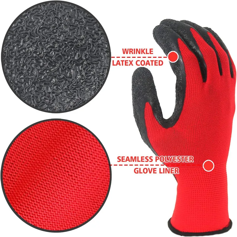 Construction Worker Gloves Red Nitrile Latex for Warehouse Assembly Abrasion Resistant Black Latex Coated Safety Work Gloves